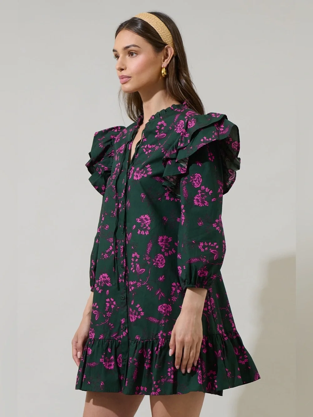 NWT- SUGARLIPS Close To You Sammy Ruffle Drop Waist Green Floral Mini Dress - Picture 4 of 15
